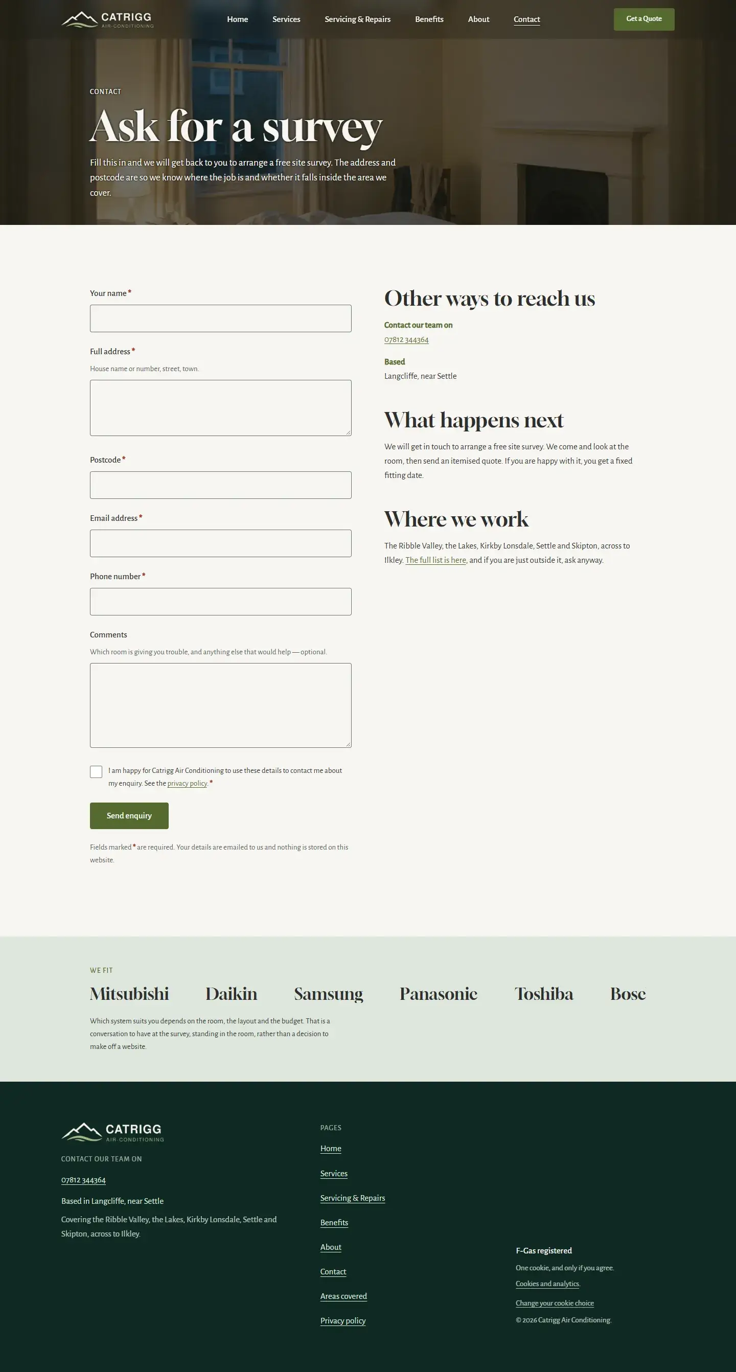 Contact page headed 'Ask for a survey', with a short survey request form beside other ways to get in touch and what happens next.