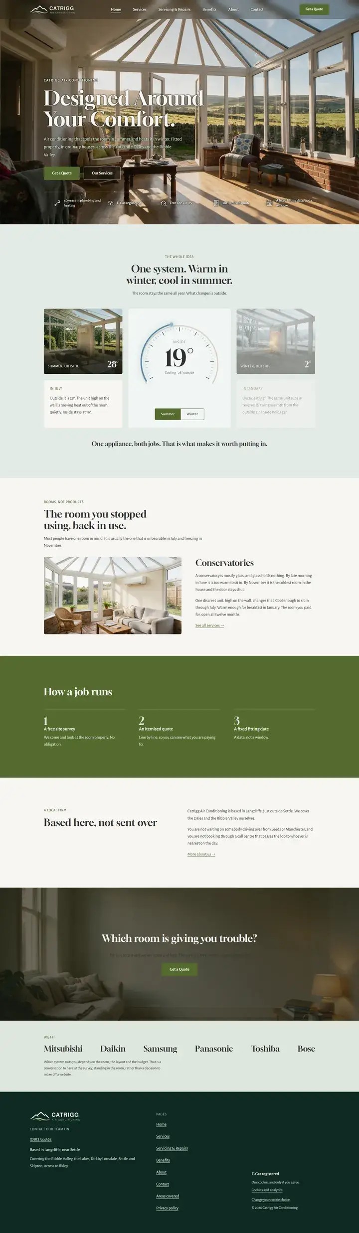 The Catrigg Air Conditioning homepage: a sunlit conservatory hero headed Designed Around Your Comfort.