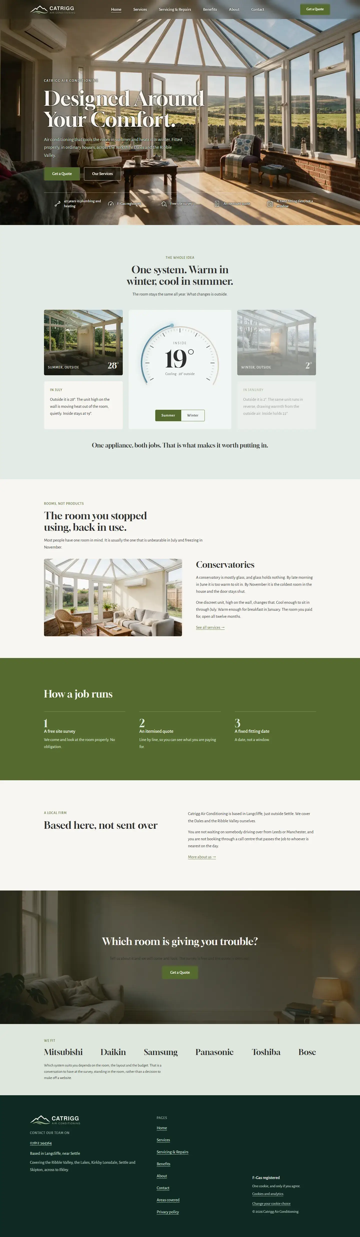 Full homepage of the Catrigg Air Conditioning website: a sunlit conservatory hero headed 'Designed Around Your Comfort', an interactive summer and winter thermostat, a conservatories section, a three-step 'How a job runs' band and the brands fitted.