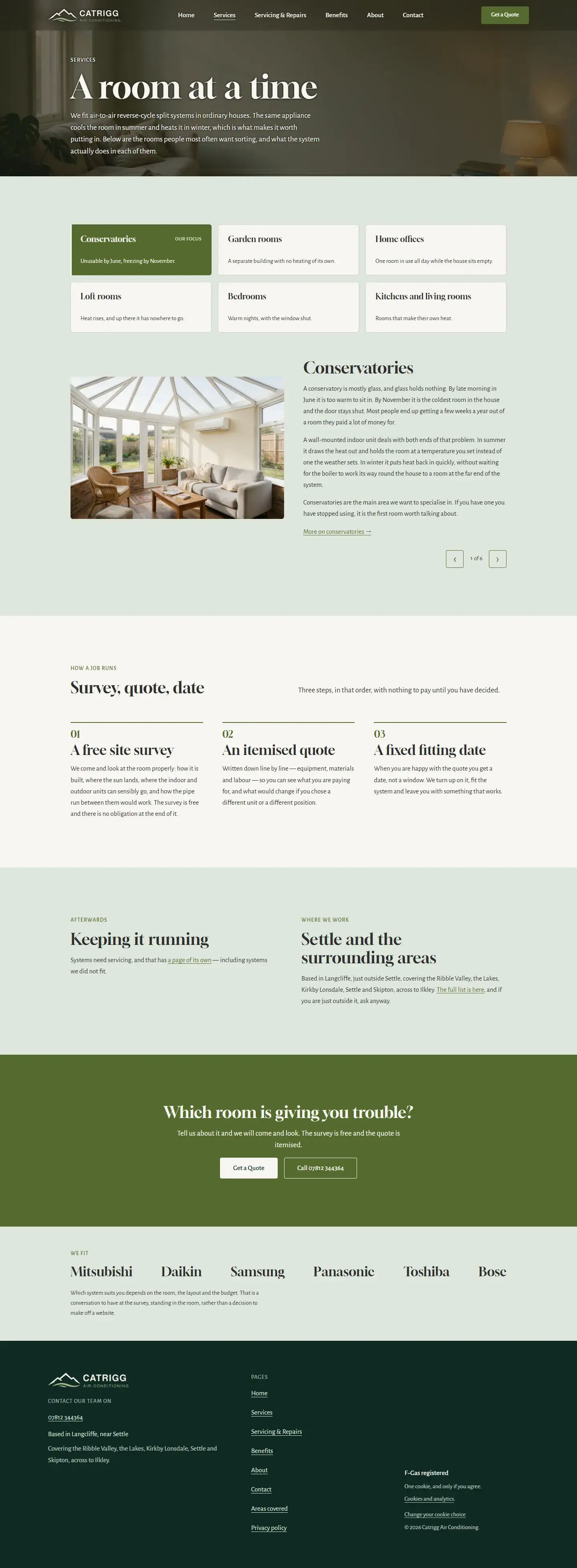 Services page headed 'A room at a time', with boxes for conservatories, garden rooms, home offices, loft rooms, bedrooms and kitchens, and a survey, quote, date explainer.