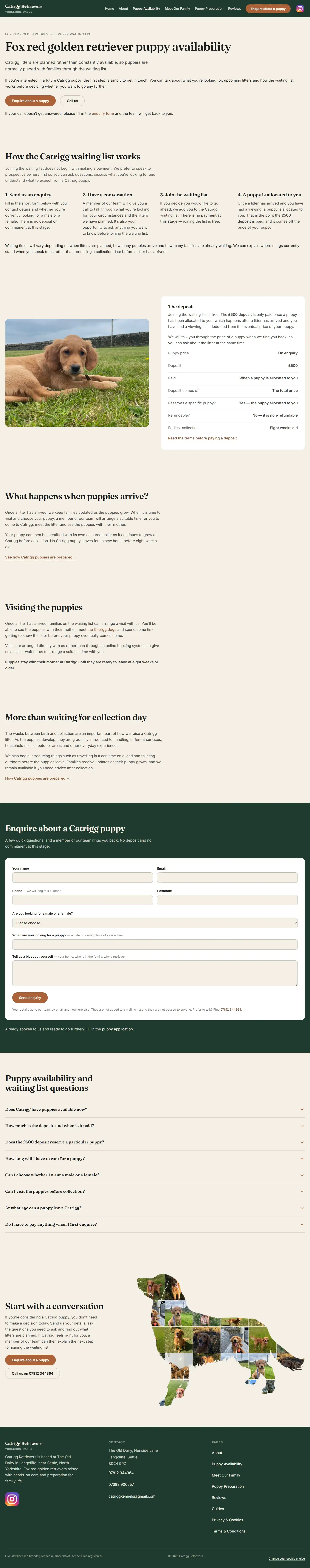 Puppy availability page explaining the waiting list in four steps, the deposit, what happens when puppies arrive and visiting, with the enquiry form at the bottom.